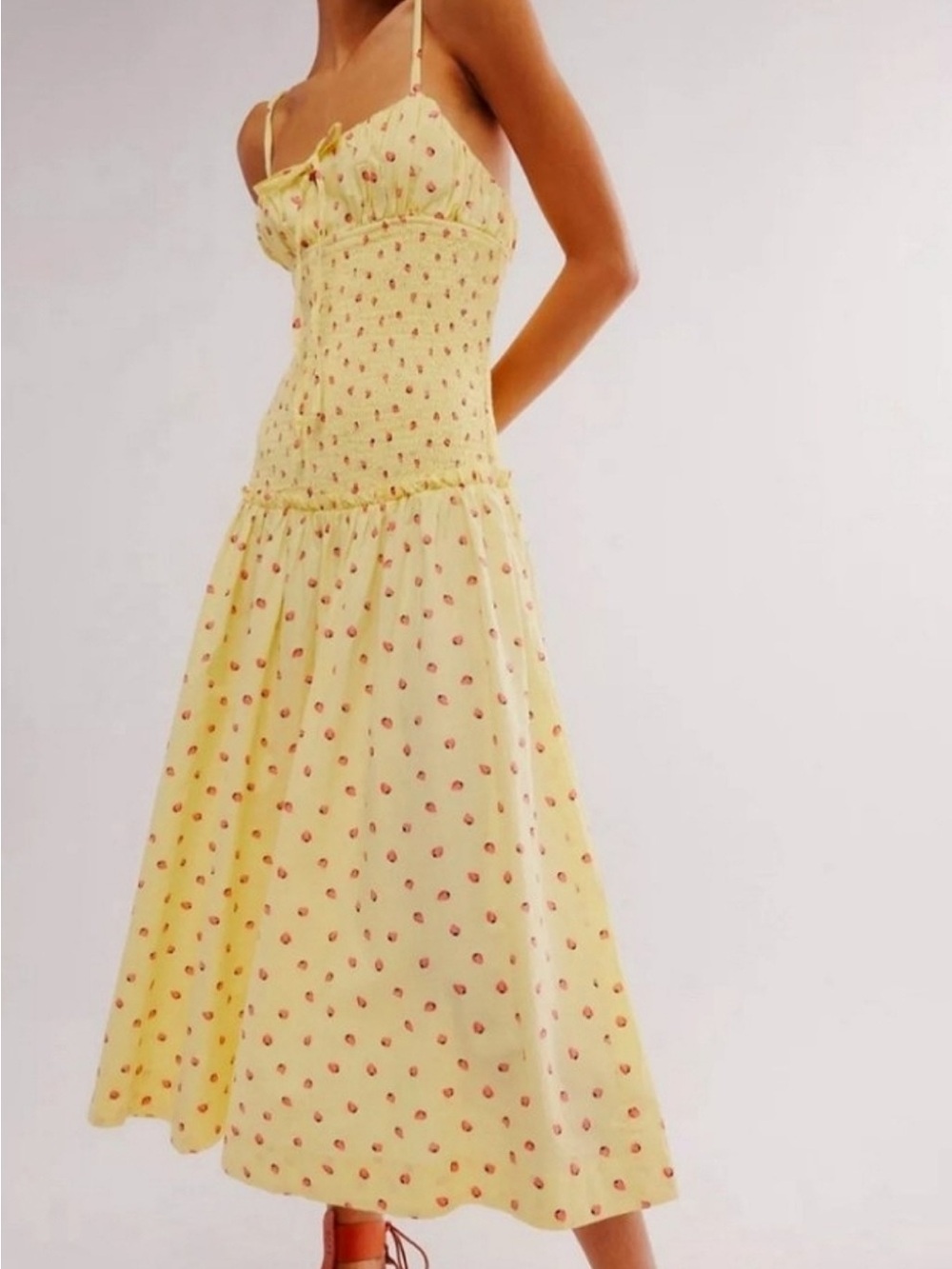 Free People Lavender Daze Midi Dress - Yellow with Red Strawberry Print SIZE M